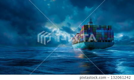 Cargo Ship with Multicolored Containers Navigating Ocean Under Stormy Sky and Dramatic Light 132061242