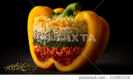 Vertically Sliced Yellow Bell Pepper Stuffed with Layered Cheese, Rice, Herbs, and Chili 132061258