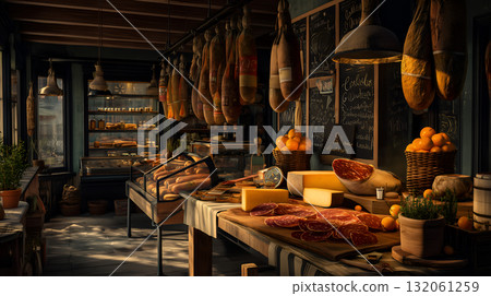 Rustic Delicatessen Interior with Hanging Cured Meats, Cheese, Bread, and Fresh Produce 132061259