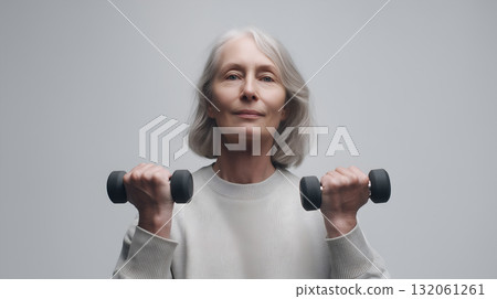 Older Adult Holding Dumbbells in Light Sweater Against Neutral Background 132061261