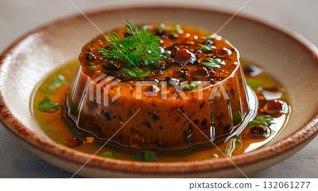 Gourmet Vegetable Terrine with Herb Garnish and Flavor Pearls in Golden Broth 132061277