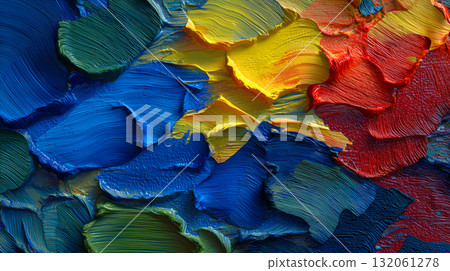 Close-Up of Textured Oil Painting with Palette Knife Strokes in Vibrant Color Layers 132061278