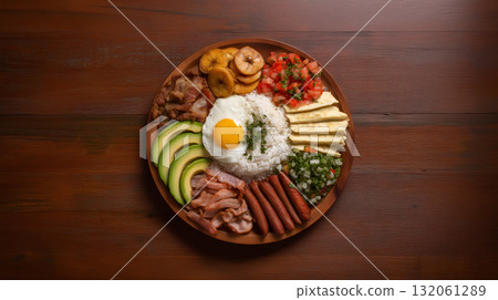 Bandeja Paisa Colombian platter with egg, pork and plantains Bandeja Paisa Colombian platter with egg, pork and plantains 132061289