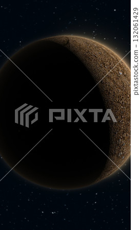 Space scene showing a rocky planet partially in shadow with glowing edges against a starry night sky 132061429