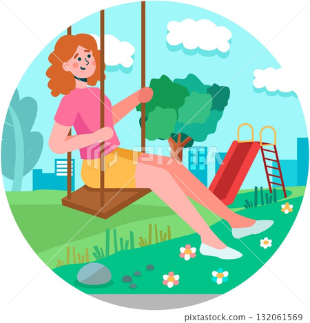 Woman swinging in city park enjoy fresh air vector Woman swinging in city park enjoy fresh air vector 132061569