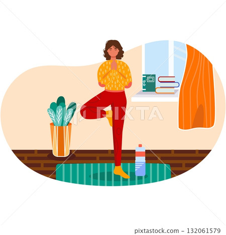 Woman do yoga exercise at home vector illustration Woman do yoga exercise at home vector illustration 132061579