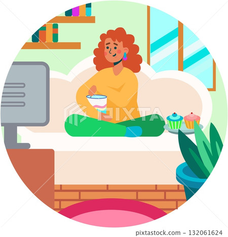 Woman watching movie on tv at home vector Woman watching movie on tv at home vector 132061624
