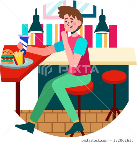 Man eating at fast food restaurant vector scene 132061633