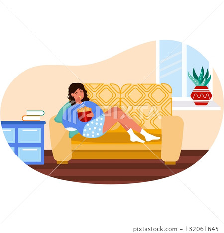 Woman eating nuggets lying on home sofa vector Woman eating nuggets lying on home sofa vector 132061645