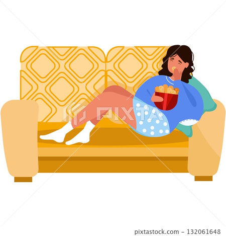 Woman eating nuggets lying on sofa vector icon 132061648