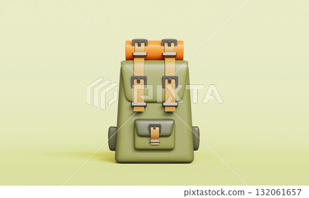 Green Travel Backpack With Bedroll . 3D Rendering. Green Travel Backpack With Bedroll . 3D Rendering. 132061657