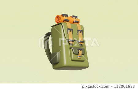 Green Travel Backpack With Bedroll . 3D Rendering. Green Travel Backpack With Bedroll . 3D Rendering. 132061658