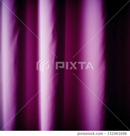 Rich purple lilac curtains hang softly, allowing gentle light to filter through, creating a calming environment in a cozy room at dusk Generative AI 132061696