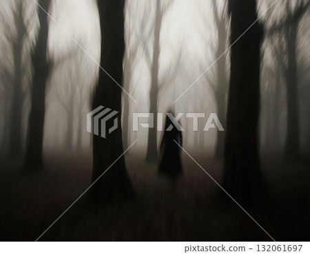 In a shadowy, fog-filled forest, a ghostly woman can be seen moving among the trees at dusk. The haunting scene conveys a sense of mystery and fear Generative AI 132061697