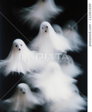 Floating ghosts appear in various positions against a dark background, creating a haunting scene filled with movement and mystery at night Generative AI 132061699