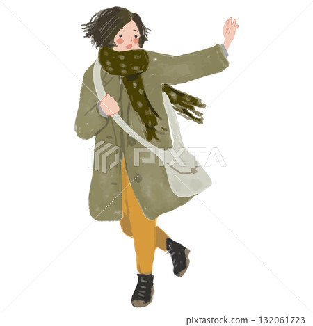 一位身穿冬裝的女子一邊跑步一邊揮手 一位身穿冬裝的女子一邊跑步一邊揮手 132061723