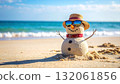 Snowman enjoys a sunny day at the beach while lounging on warm sand with shades and a hat 132061856