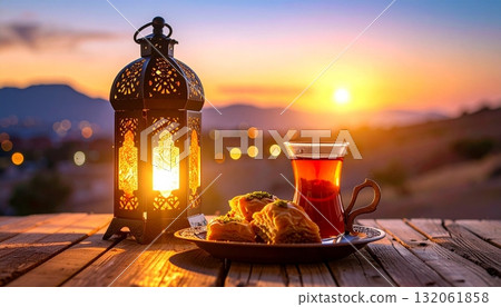 Celebrating Ramadan with tea and baklava under a glowing lantern at sunset 132061858
