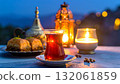 Delightful tea ritual with baklava and Ramadan lantern creating a serene atmosphere 132061859