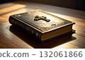 Biblical illustration of an ornate book with a cross on a wooden table illuminated by soft light 132061866