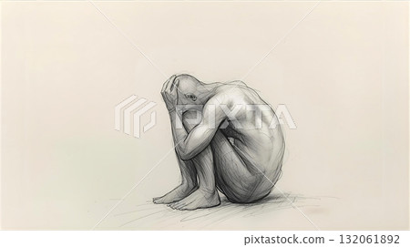 一幅裸體人痛苦地抱著頭的素描 132061892