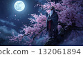 一隻烏鴉天狗站在月光下的櫻花樹上 132061894