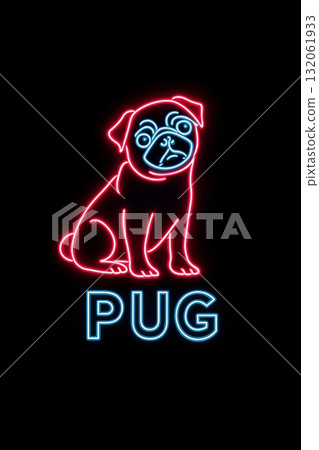 Neon illustration of a pug dog with vibrant colors on a dark background for design purposes 132061933