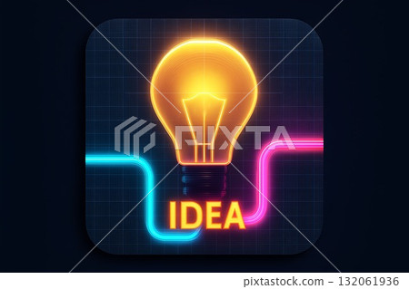Neon light bulb illustration with glowing wires and idea text on dark background 132061936