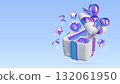 Winter holiday sale background with 3d gift box and big percent sign inside exploding with stars and ribbons 132061950
