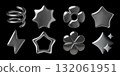 3d Chrome abstract geometric stickers set metallic flower and stars shapes spring and lightning bolt 132061951