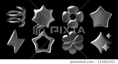 3d Chrome abstract geometric stickers set metallic flower and stars shapes spring and lightning bolt 132061951