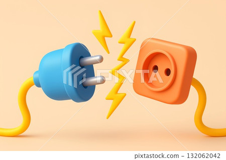 Colorful 3D illustration of electric plug and socket with lightning bolt symbolizing power Colorful 3D illustration of electric plug and socket with lightning bolt symbolizing power 132062042