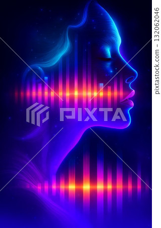 Abstract illustration of a female profile with vibrant sound waves and cosmic background Abstract illustration of a female profile with vibrant sound waves and cosmic background 132062046
