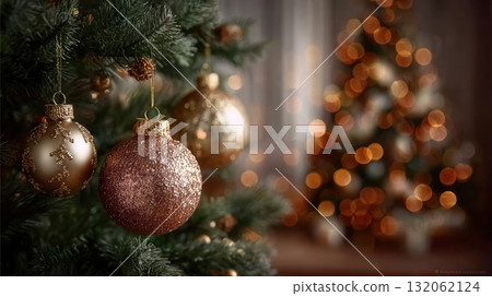 golden Christmas ornaments hanging from a tree 132062124
