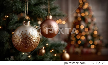 golden Christmas ornaments hanging from a tree 132062125