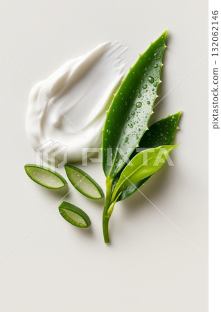 Aloe vera leaves with cream and sliced pieces showcasing natural skincare benefits 132062146
