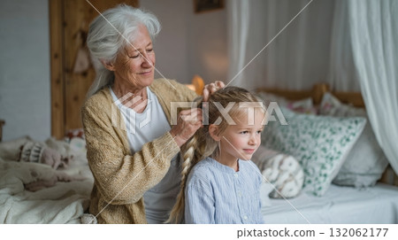 Grandma lovingly braiding her granddaughter's hair in a cozy bedroom, showcasing multigenerational family life and emotional connection Grandma lovingly braiding her granddaughter's hair in a cozy bedroom, showcasing multigenerational family life and emotional connection 132062177