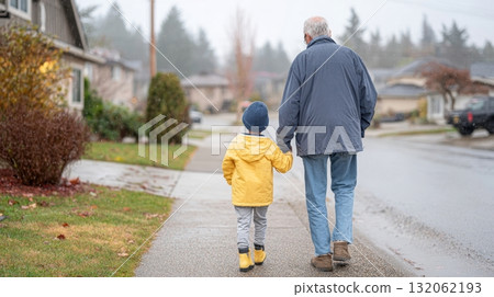 Grandpa and grandchild walking hand in hand on a rainy day, showcasing multigenerational family life and emotional connection in a suburban setting 132062193