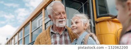 Grandfather joyfully greeting his granddaughter after school, showcasing a loving multigenerational bond and the warmth of family life 132062200