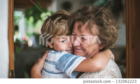 Grandmother embraces her grandson in a warm, loving farewell, capturing the essence of multigenerational family life and emotional connection Grandmother embraces her grandson in a warm, loving farewell, capturing the essence of multigenerational family life and emotional connection 132062223