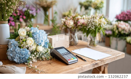 Small checkout table at a florist shop features beautiful bouquets and a payment device, creating a welcoming retail atmosphere 132062237