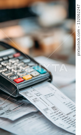 Checkout terminal displays receipt with itemized purchases at a retail store, capturing a quick transaction moment 132062247