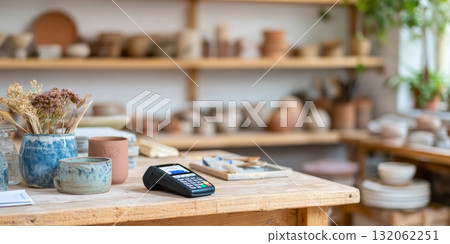 Minimalist payment terminal rests on a wooden table among pottery items in a cozy retail space filled with natural light 132062251