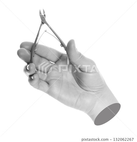 Woman hand holds cosmetic cuticle nippers, isolated on transparent background 132062267