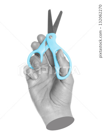Woman hand cut by scissors, isolated on transparent background, office and household items concept. Contemporary art concept 132062270