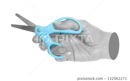 Woman hand cut by scissors, isolated on transparent background, office and household items concept. Contemporary art concept 132062271