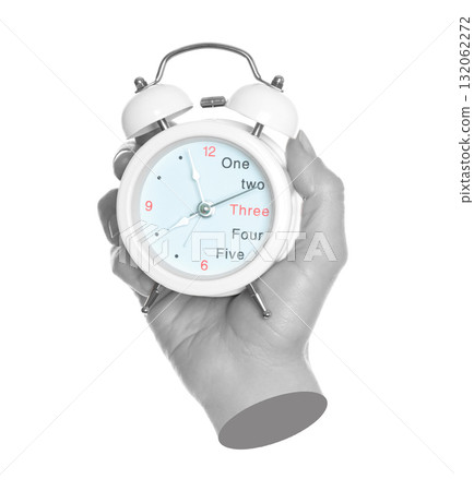 Woman hand holds alarm clock, isolated on transparent background, office and household items concept. Contemporary art concept Woman hand holds alarm clock, isolated on transparent background, office and household items concept. Contemporary art concept 132062272