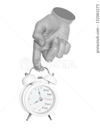 Woman hand holds alarm clock, isolated on transparent background, office and household items concept. Contemporary art concept Woman hand holds alarm clock, isolated on transparent background, office and household items concept. Contemporary art concept 132062273