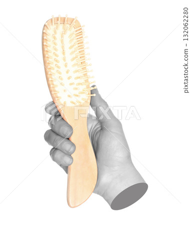 Woman hand holds hairs comb, isolated on transparent background, visage concept. Contemporary art concept 132062280
