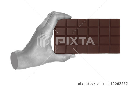 Woman hand holds chocolate bar, isolated on transparent background, sweet food concept. Contemporary art concept 132062282